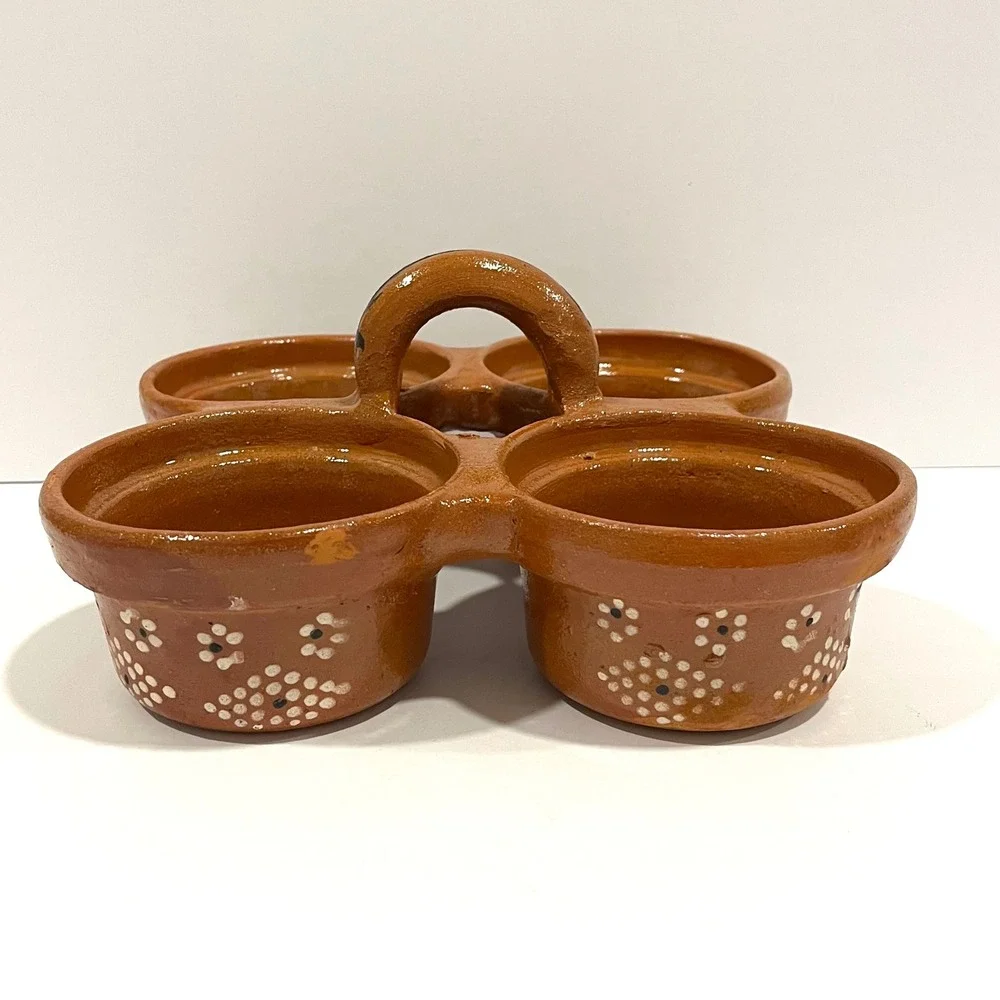 Mexican Terracotta Salsa Server 4 Bowl Condiment Dish Hand Painted